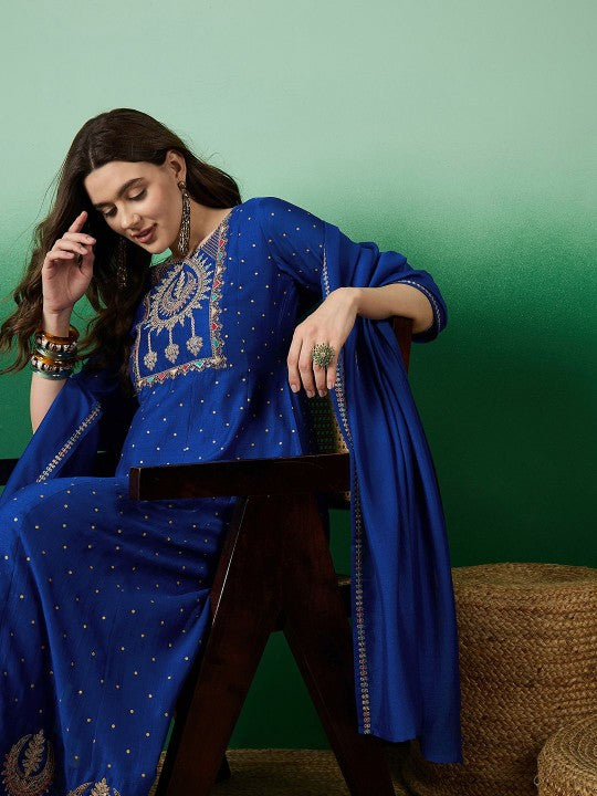 Women's Blue floral Embroidered A-Line Kurta & Trousers With Dupatta