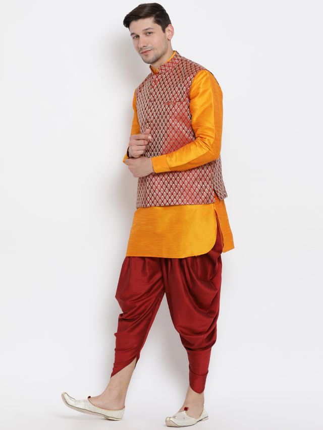 Men's Orange Silk Blend Straight Jacket Kurta and Dhoti Set