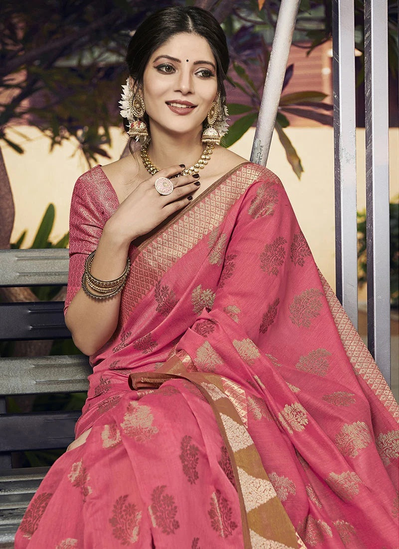 Dhiyona GR Women's Yashomati Blush Pink Zari Woven Design Chanderi Cotton Saree