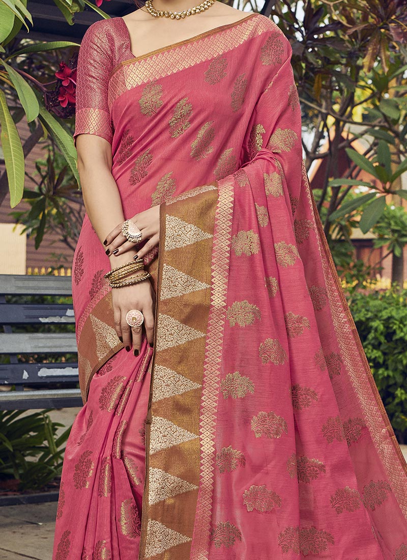 Dhiyona GR Women's Yashomati Blush Pink Zari Woven Design Chanderi Cotton Saree