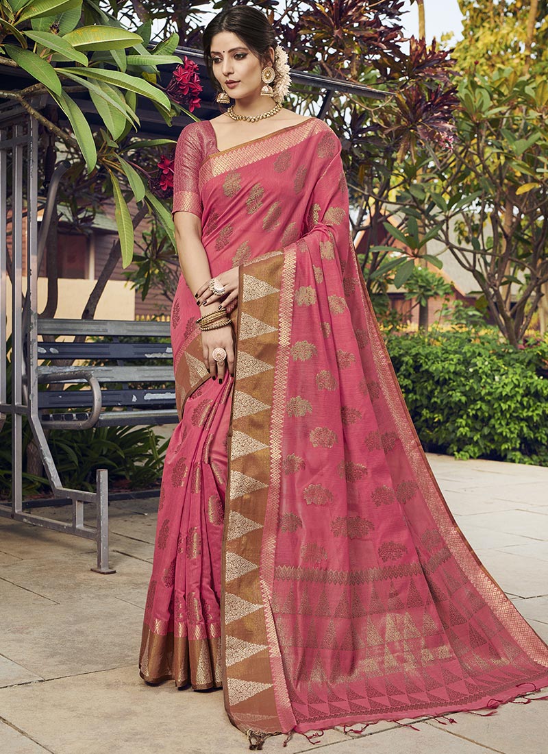 Dhiyona GR Women's Yashomati Blush Pink Zari Woven Design Chanderi Cotton Saree