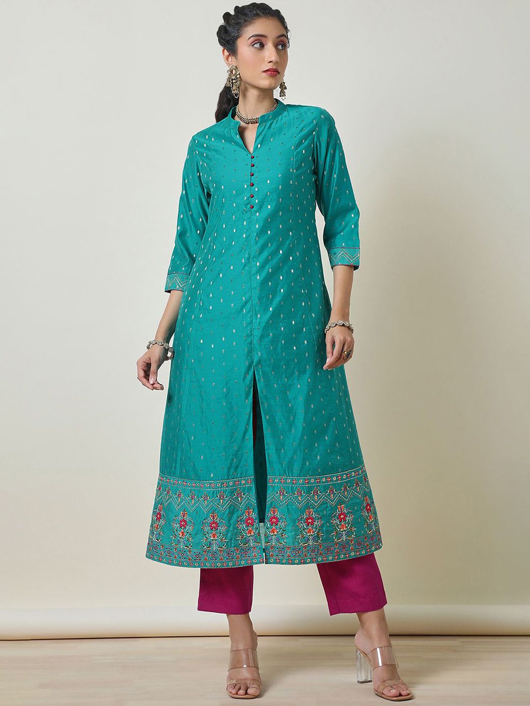 Dhiyona SO Women's Alina Cut Woven Design Mandarin Collar Thread Work Chanderi Silk Kurta &Trouser & Dupatta