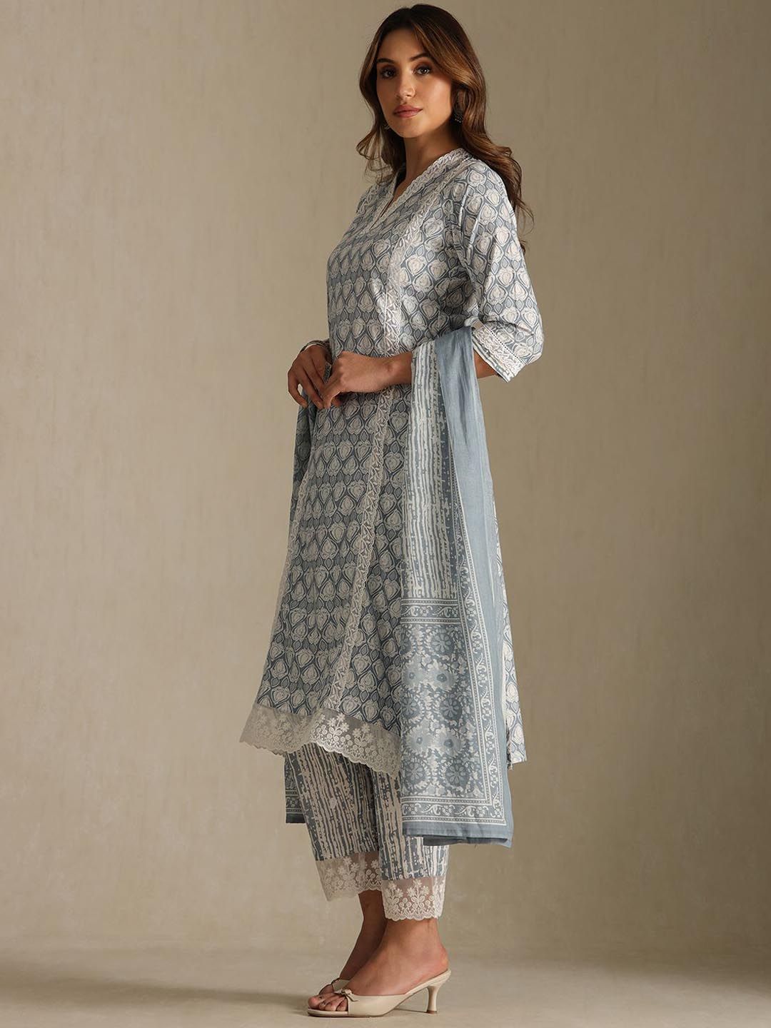 Dhiyona SO Women's Floral Printed Thread Work V-Neck Straight Kurta With Trousers And Dupatta