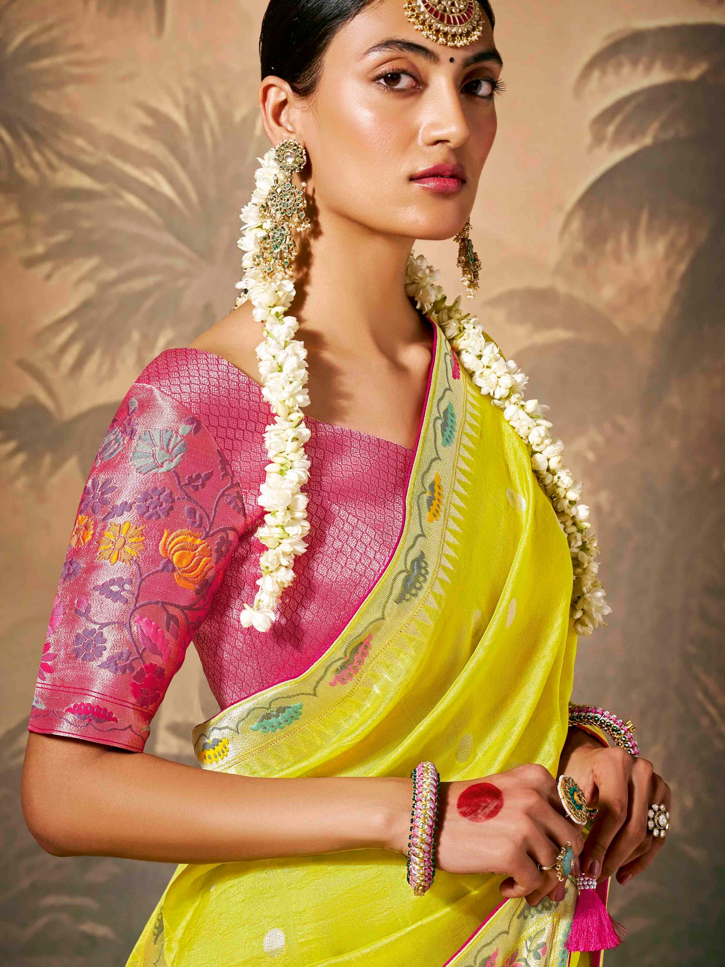 Dhiyona KM Women Vibrant Yellow Saree With Bold Red Blouse