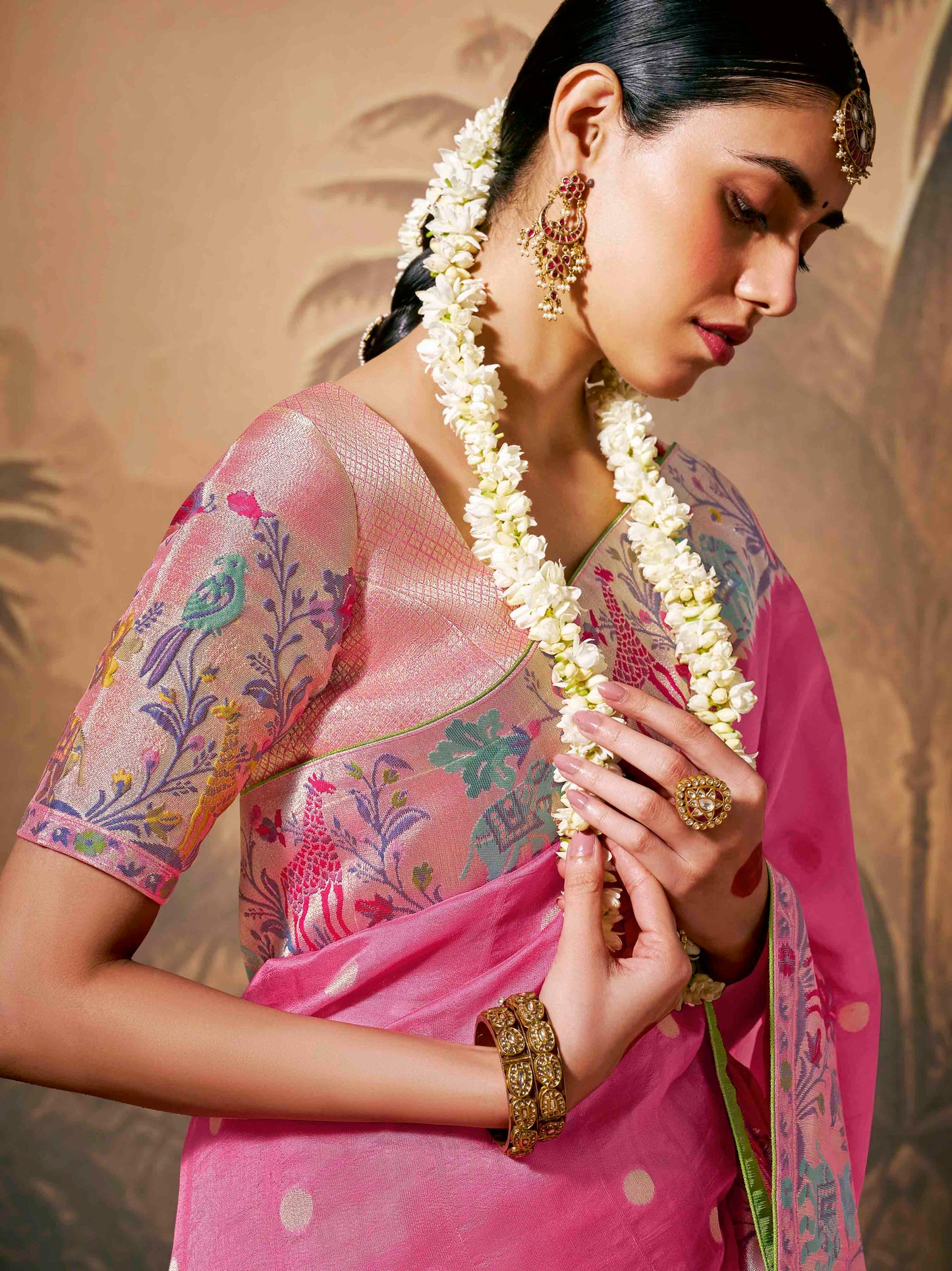 Dhiyona KM Women Gorgeous Pink Banarasi Saree With Multi-Color Floral Weaving &Amp; Matching Pink Blouse