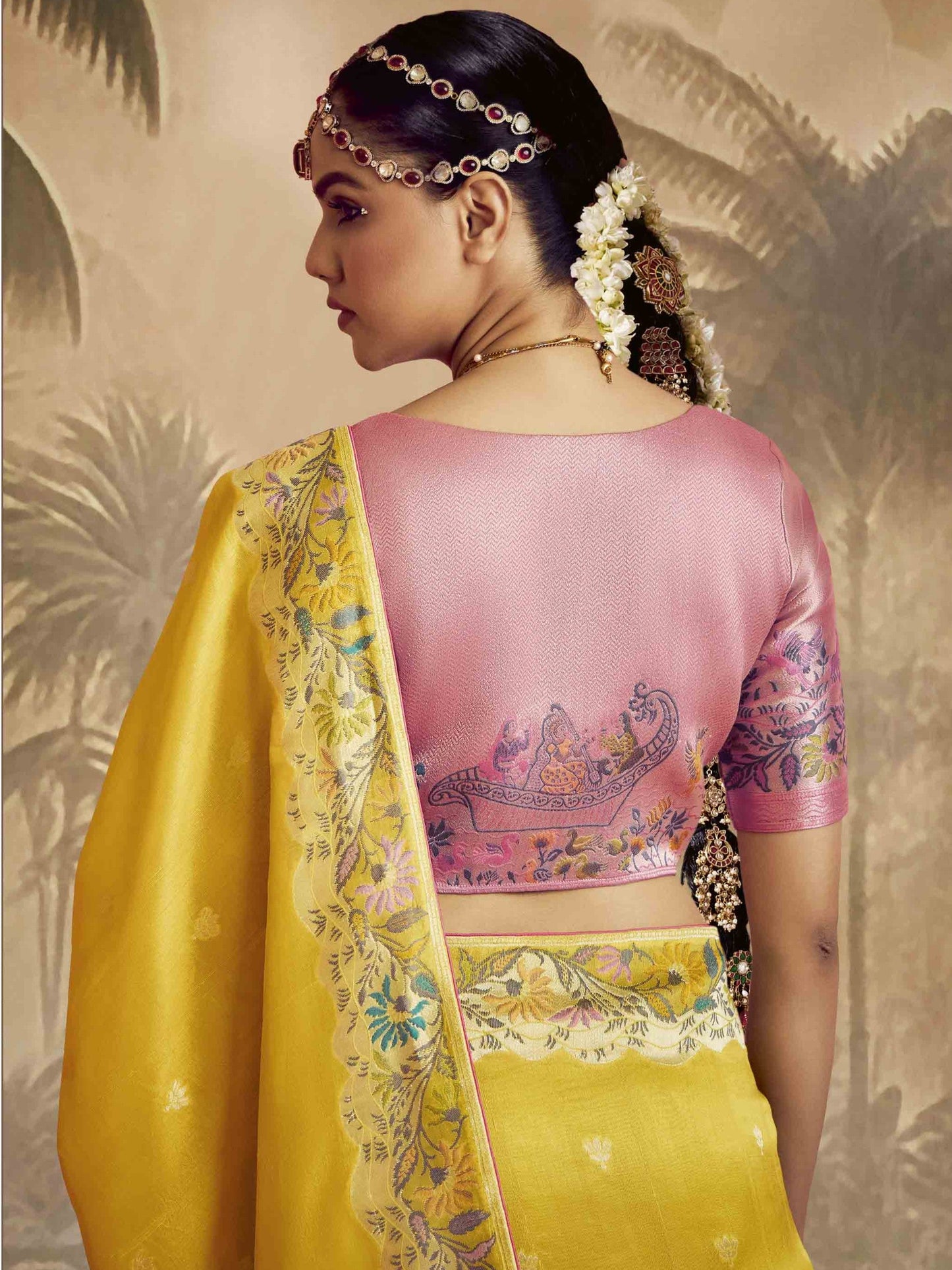 Dhiyona KM Women Vibrant Yellow Saree With Red Contrast Blouse