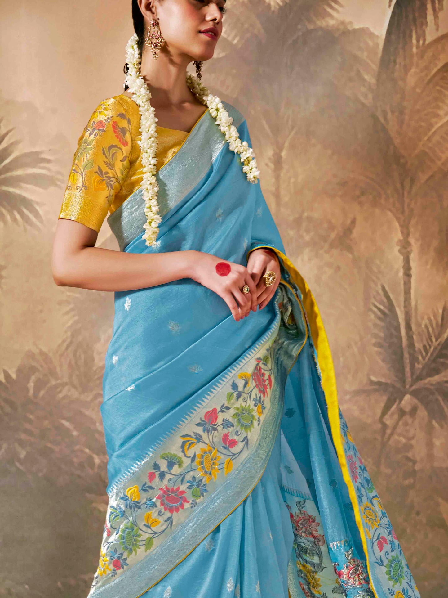 Dhiyona KM Women Elegant Sky Blue Saree With Yellow Contrast Blouse