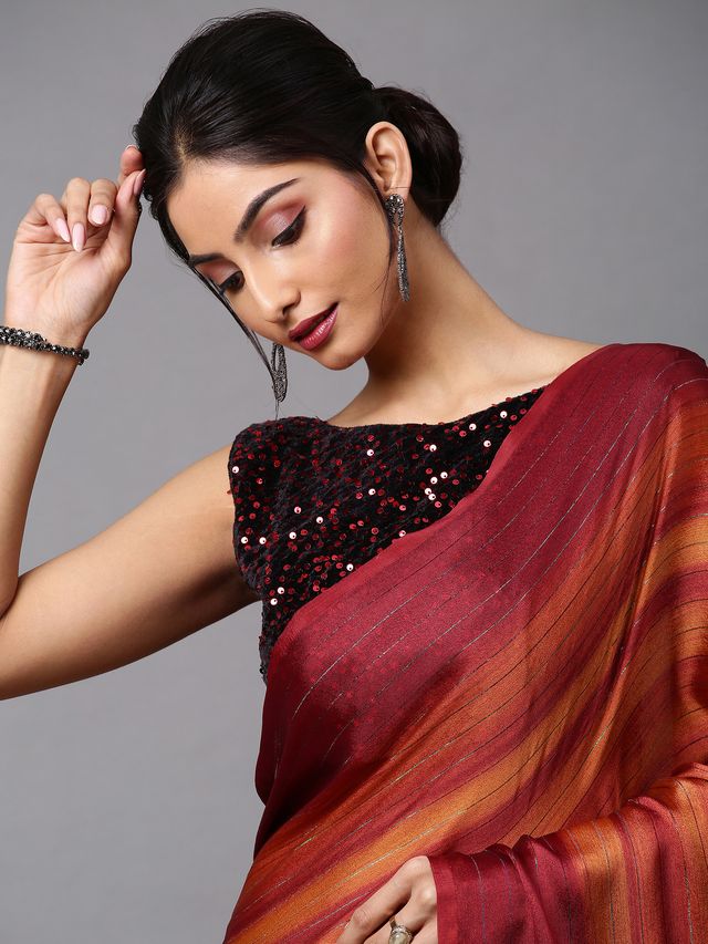 Women's Poly Georgette Rust Solid Designer Saree With Blouse Piece