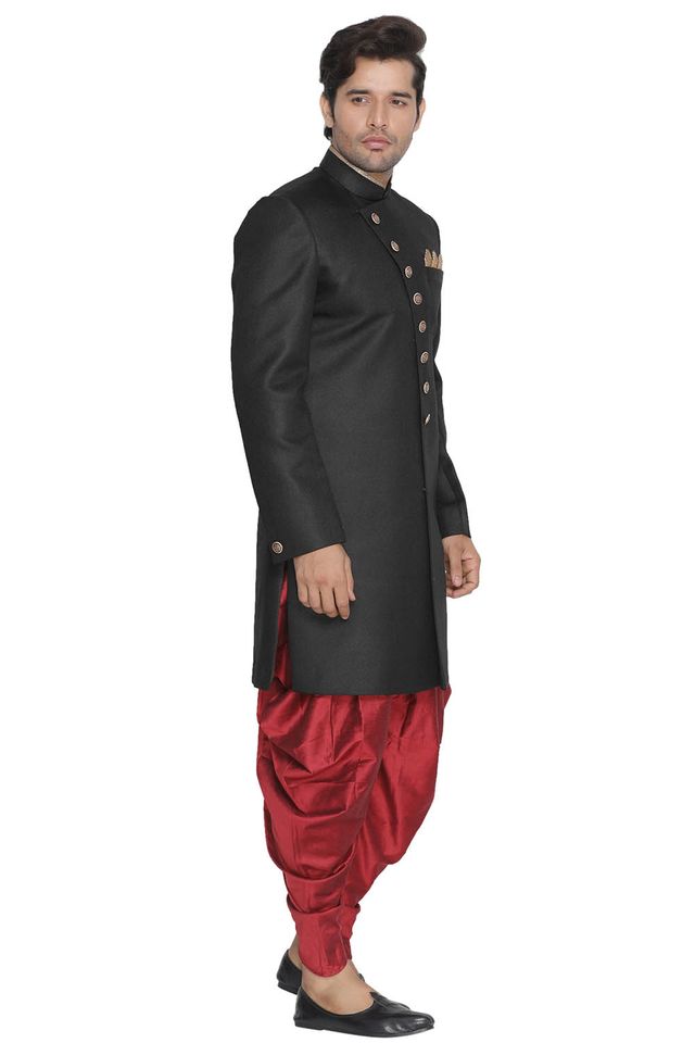 Men's Black Polyester Lurex Blend Straight Sherwani Set