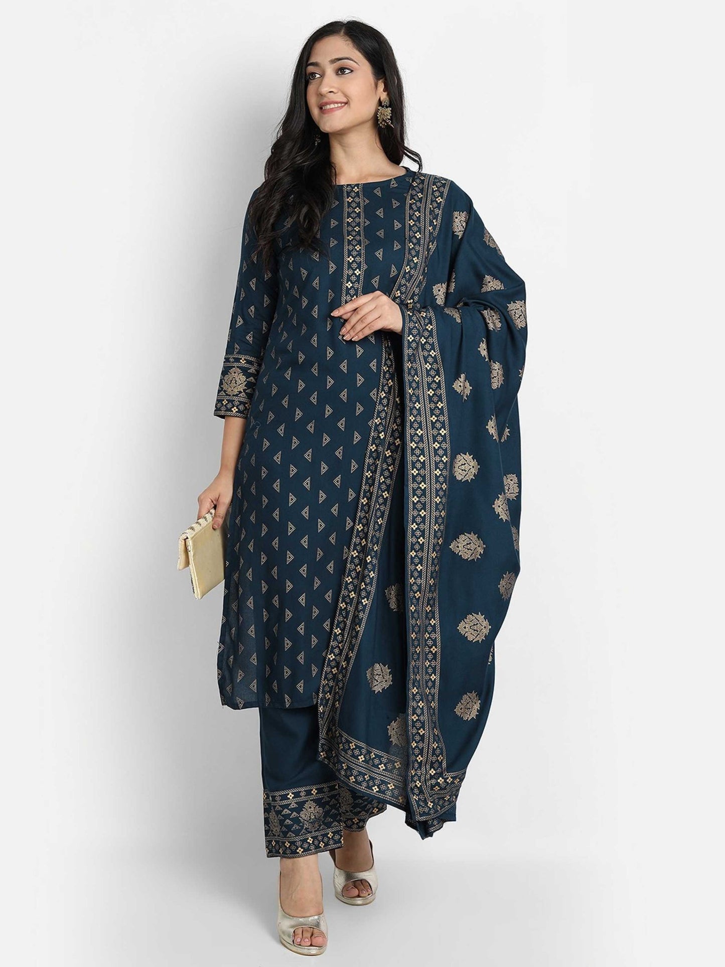 Women Blue Printed Viscose Rayon Kurta And Pant Set