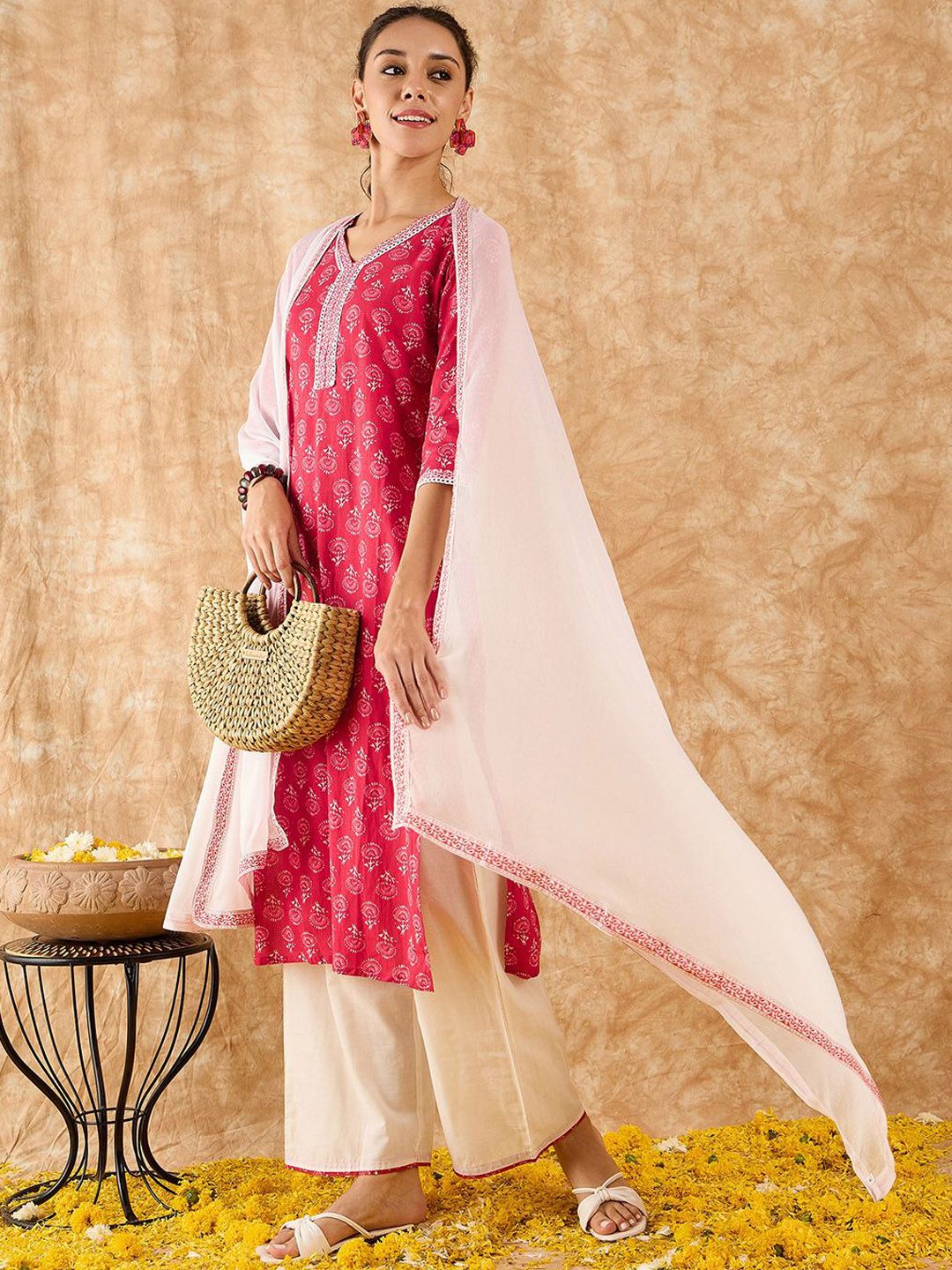 Ethnic Motifs Printed Straight Kurta with Palazzos & Dupatta