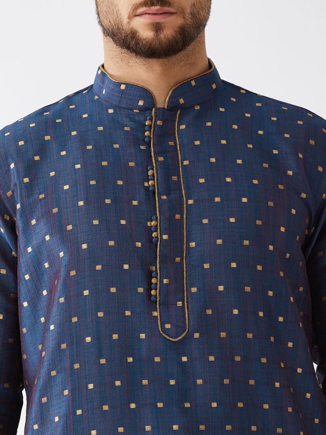 Men's Blue Silk Blend Straight Kurta and Dhoti Set