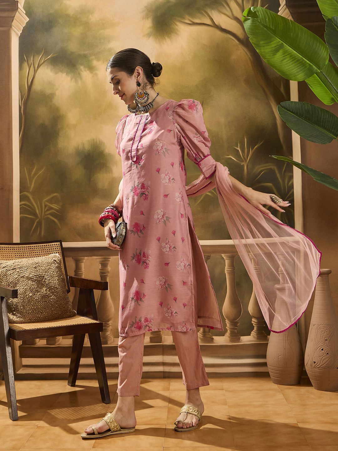 Dhiyona SN Women's Floral Printed Puffed Sleeves Chanderi Silk Straight Kurta With Trousers & Dupatta