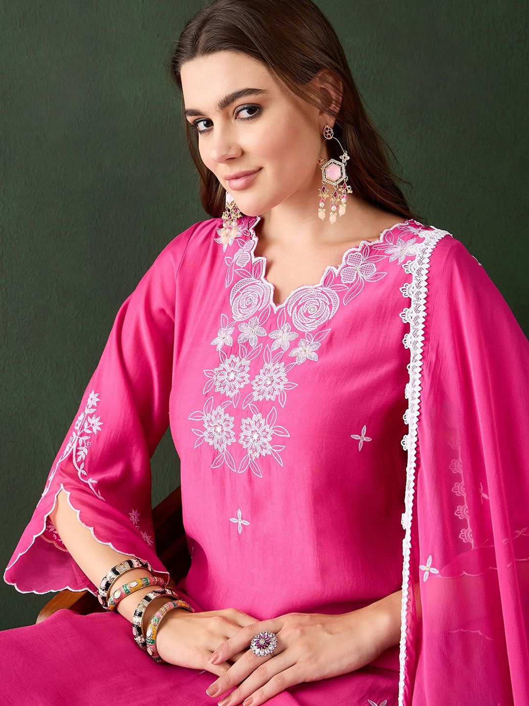 Dhiyona SN Women's Pink Floral Embroidered V-Neck A-Line Kurta & Trousers With Dupatta