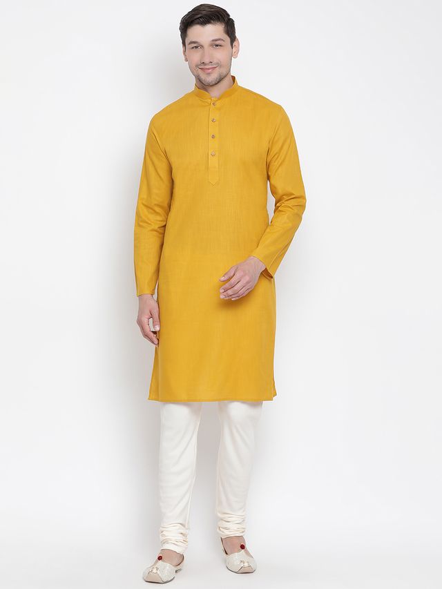 Men's Mustard Cotton Linen Straight Kurta Pyjama Set