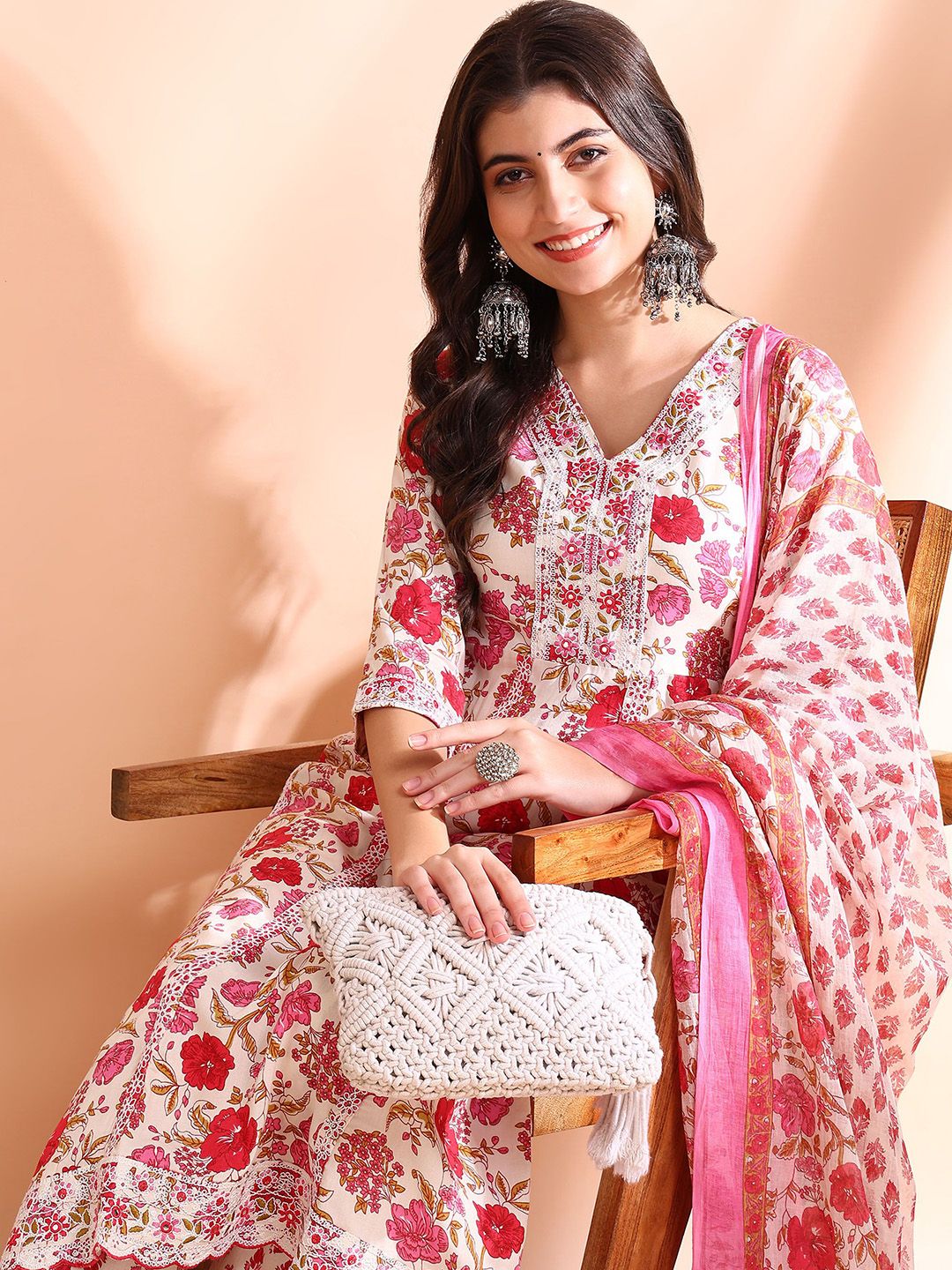 Dhiyona OD  Thread Work Pure Cotton Anarkali Kurta with Trousers & Dupatta