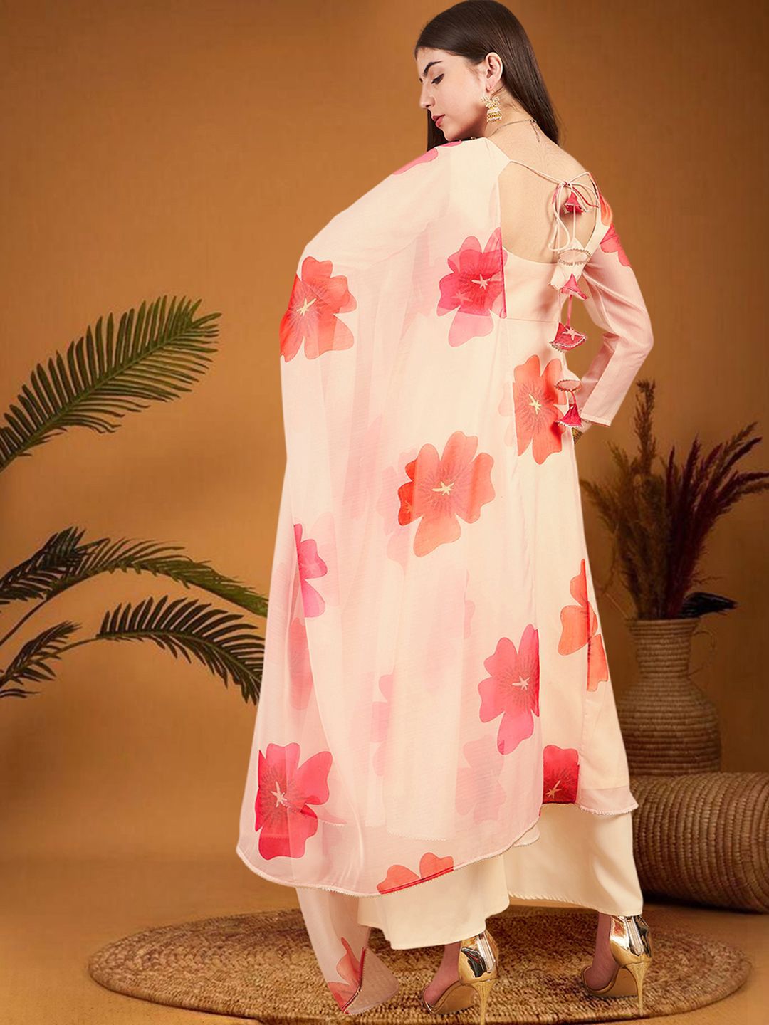 Dhiyona SN Women's Floral Printed Round Neck Organza Kurta With Palazzo And Dupatta