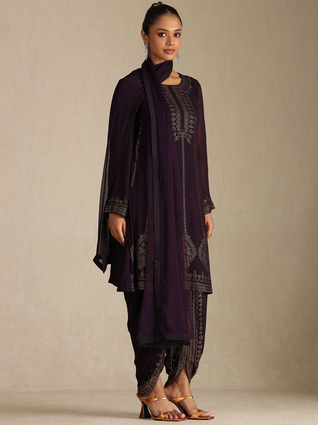 Dhiyona SO Women's Floral Printed Beads and Stones Round Neck Kurta With Dhoti Pants & Dupatta