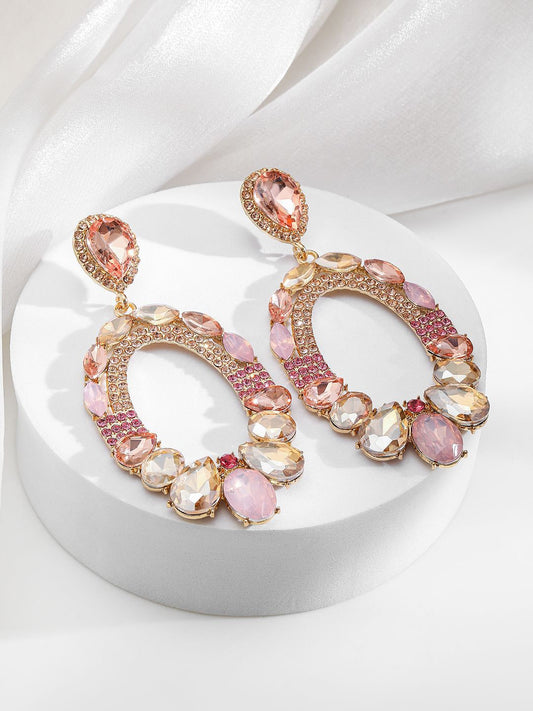 Dhiyona RJ Women's 18K Gold-Plated Oval Pink & Champagne Crystal Studded Statement Dangle Earrings