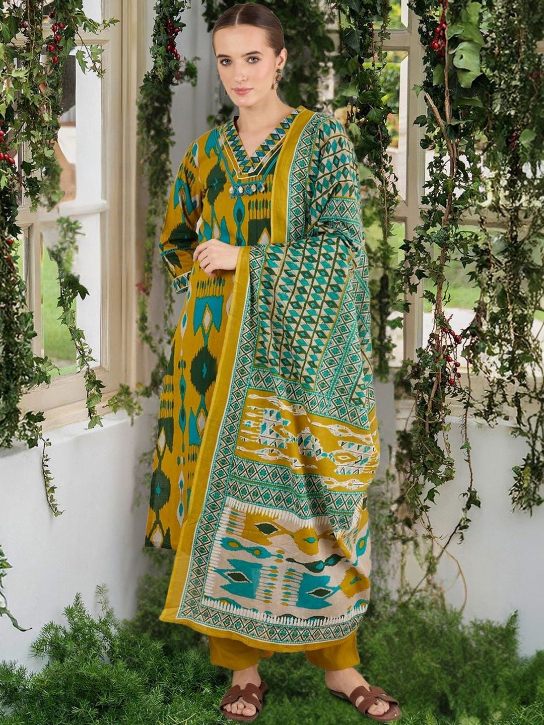 Women Ethnic Motifs Printed Regular Thread Work Pure Cotton Kurta with Trousers & With Dupatta