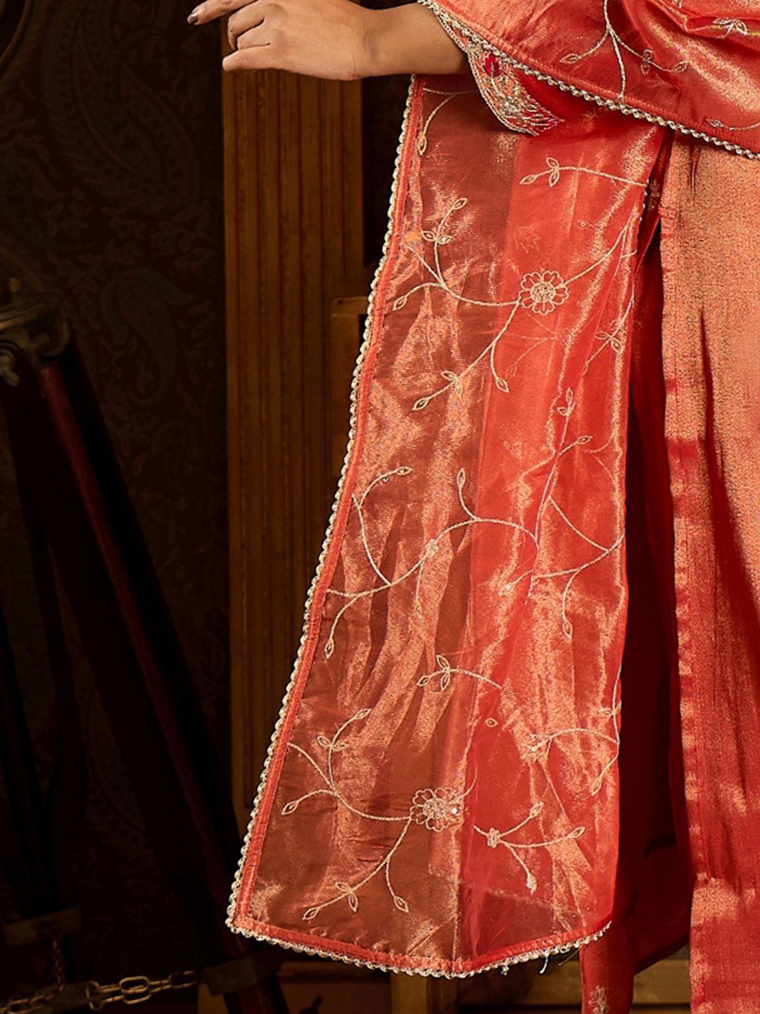 Floral Embroidered V-Neck Regular Liva Kurta With Trouser With Dupatta