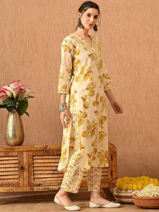 Women's Floral Printed Regular Thread Work Pure Cotton Kurta with Trousers & With Dupatta