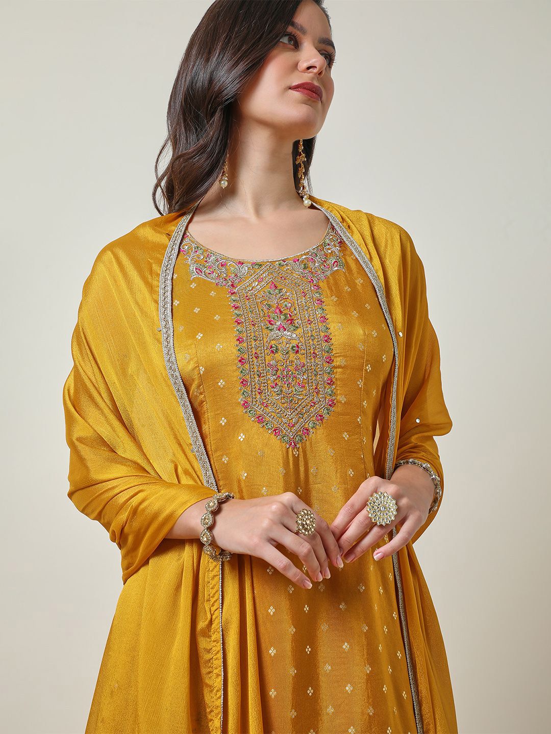 Dhiyona SO Women's Embroidered Zari Straight Kurti with Palazzos & Dupatta