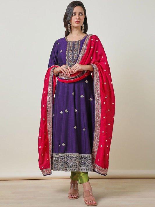 Dhiyona SO Women's Purple Ethnic Motifs Embroidered Zari A-Line Kurta With Trousers & Dupatta