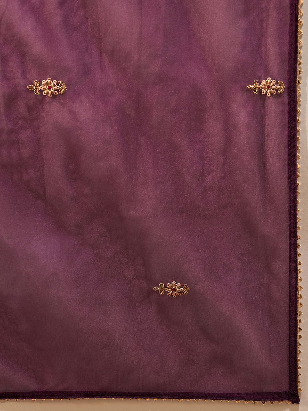 Dhiyona IE Burgundy Floral Embroidered Straight Kurta with Trousers & Dupatta