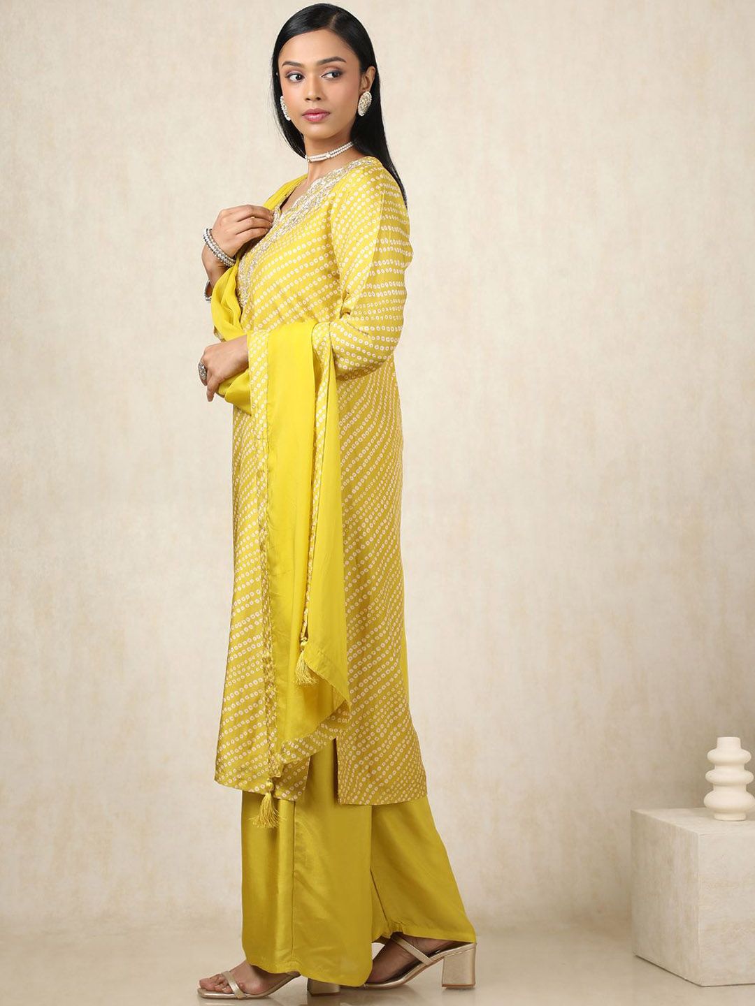 Dhiyona SO Women's Bandhani Printed Sequinned Straight Kurta With Palazzos & Dupatta