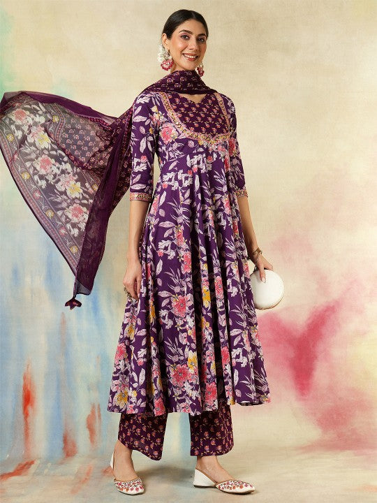 Women's Floral Printed V-Neck Pure Cotton Kurta With Palazzos And Dupatta