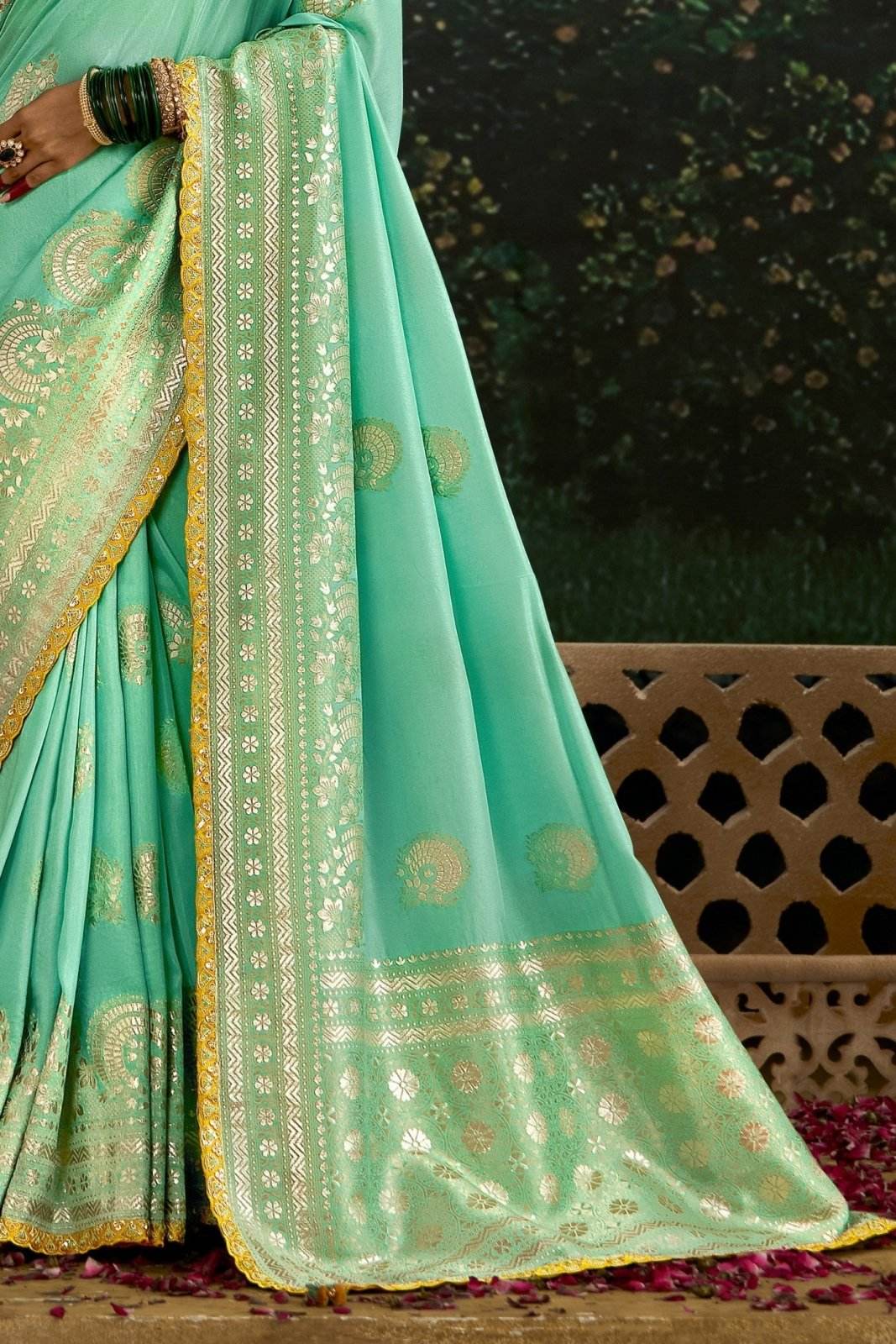Dhiyona KM Women Sea Green Banarasi Saree With Golden Zari Work