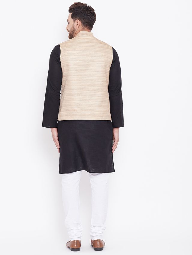Men's Black Cotton Blend Straight Jacket Kurta and Pyjama Set