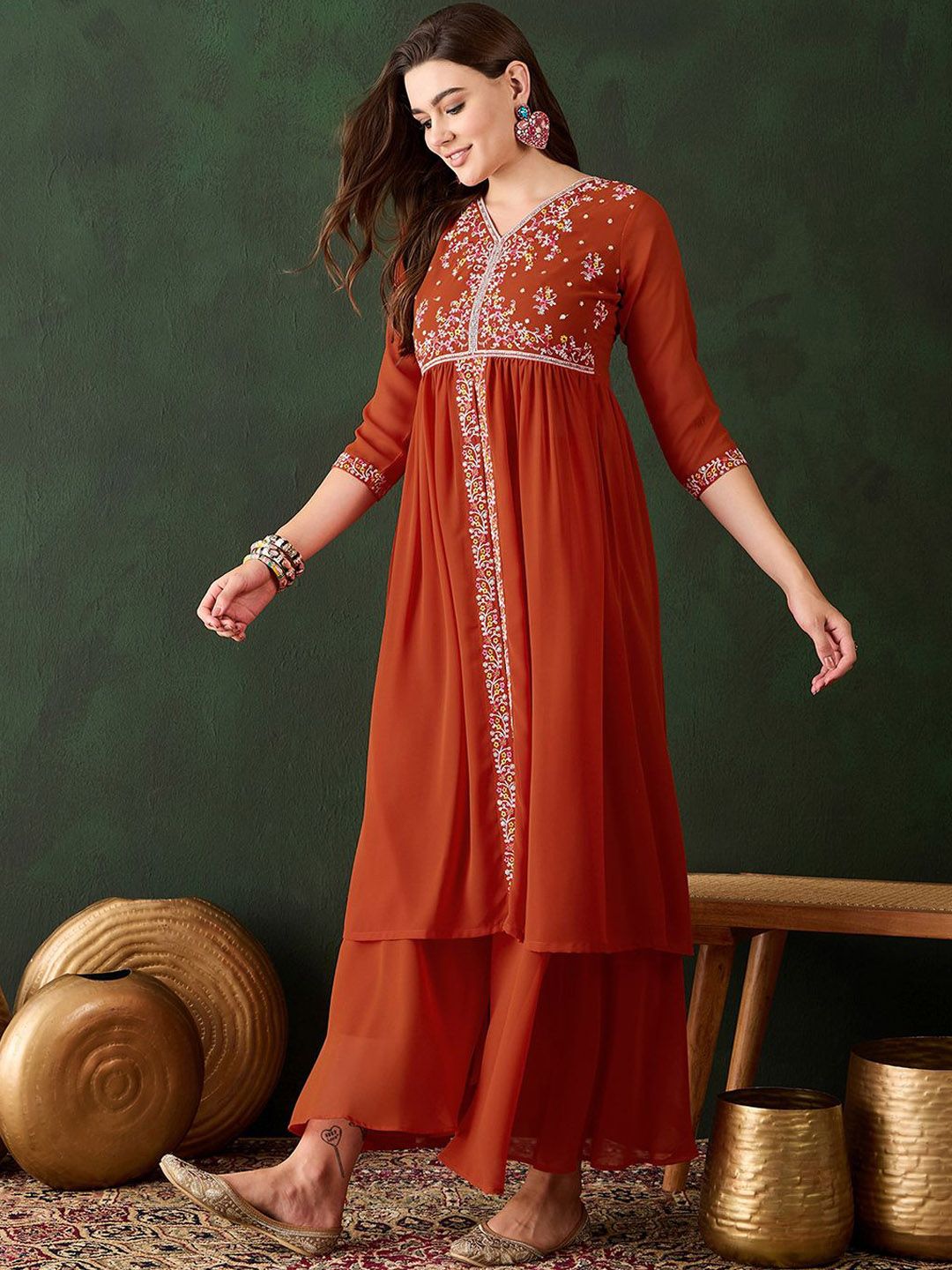 Dhiyona SN Women's Embroidered A-Line Kurta With Palazzos