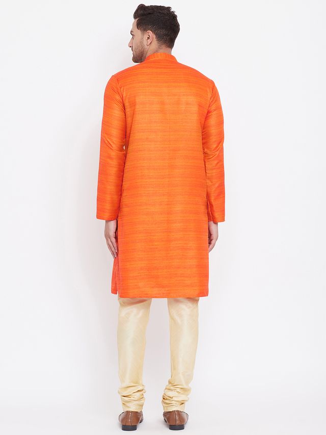 Men's Orange Silk Blend Straight Kurta Pyjama Set