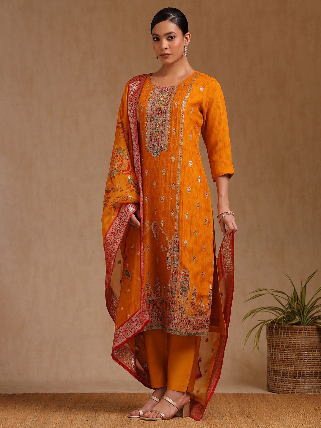 Dhiyona SO Women's Floral Printed Beads and Stones Organza Straight Kurta With Trouser And Dupatta