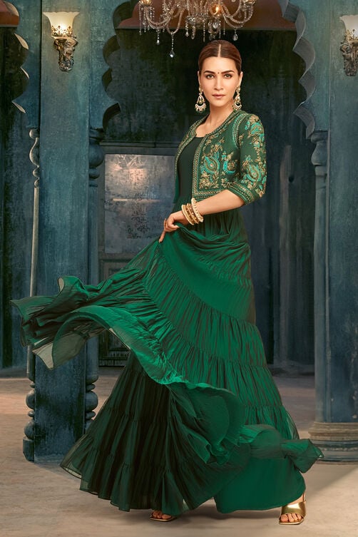 Women's Emerald Green Silk Festive Tiered Anarkali Dress M Women's Emerald Green Silk Festive Tiered Anarkali Dress M