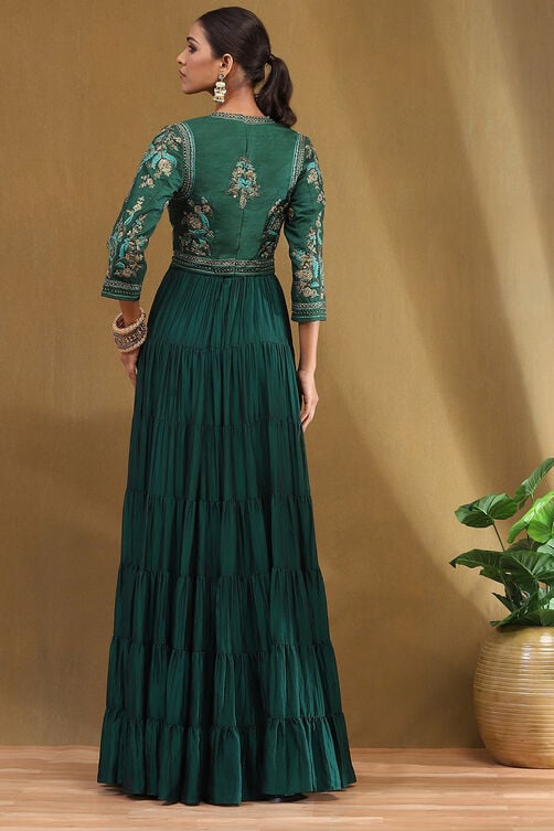 Women's Emerald Green Silk Festive Tiered Anarkali Dress
