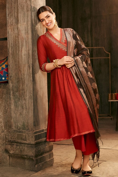 Women's Rust Embroidered Angrakha Festive Anarkali Suit Set