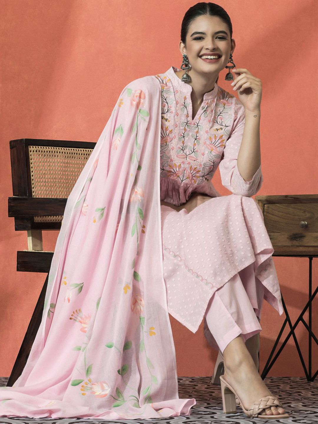 Dhiyona SN Women's Floral Embroidered Mandarin Collar Cotton A-Line Kurta With Trouser & Dupatta