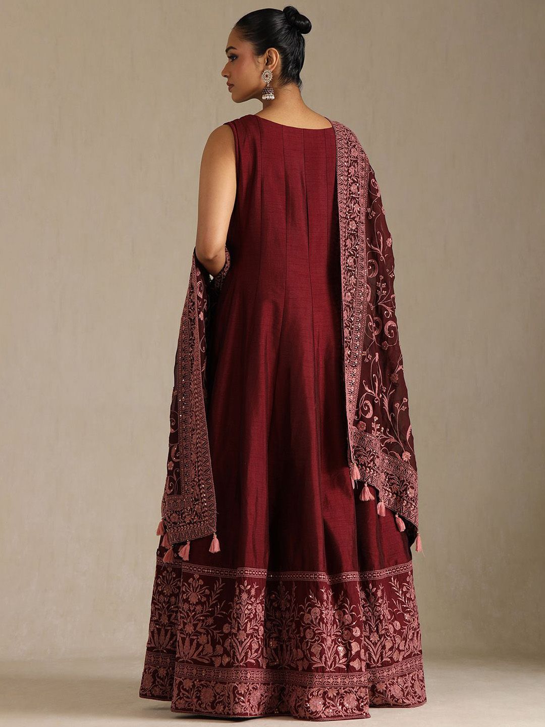 Dhiyona SO Women's Floral Embroidered Beads and Stones A-Line Gown with Dupatta
