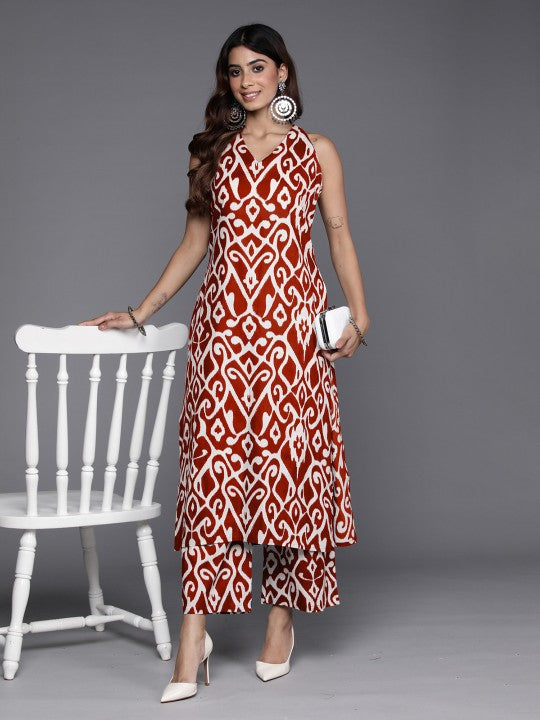 Dhiyona VR Women's Red Ikat Printed Straight Kurta With Palazzo