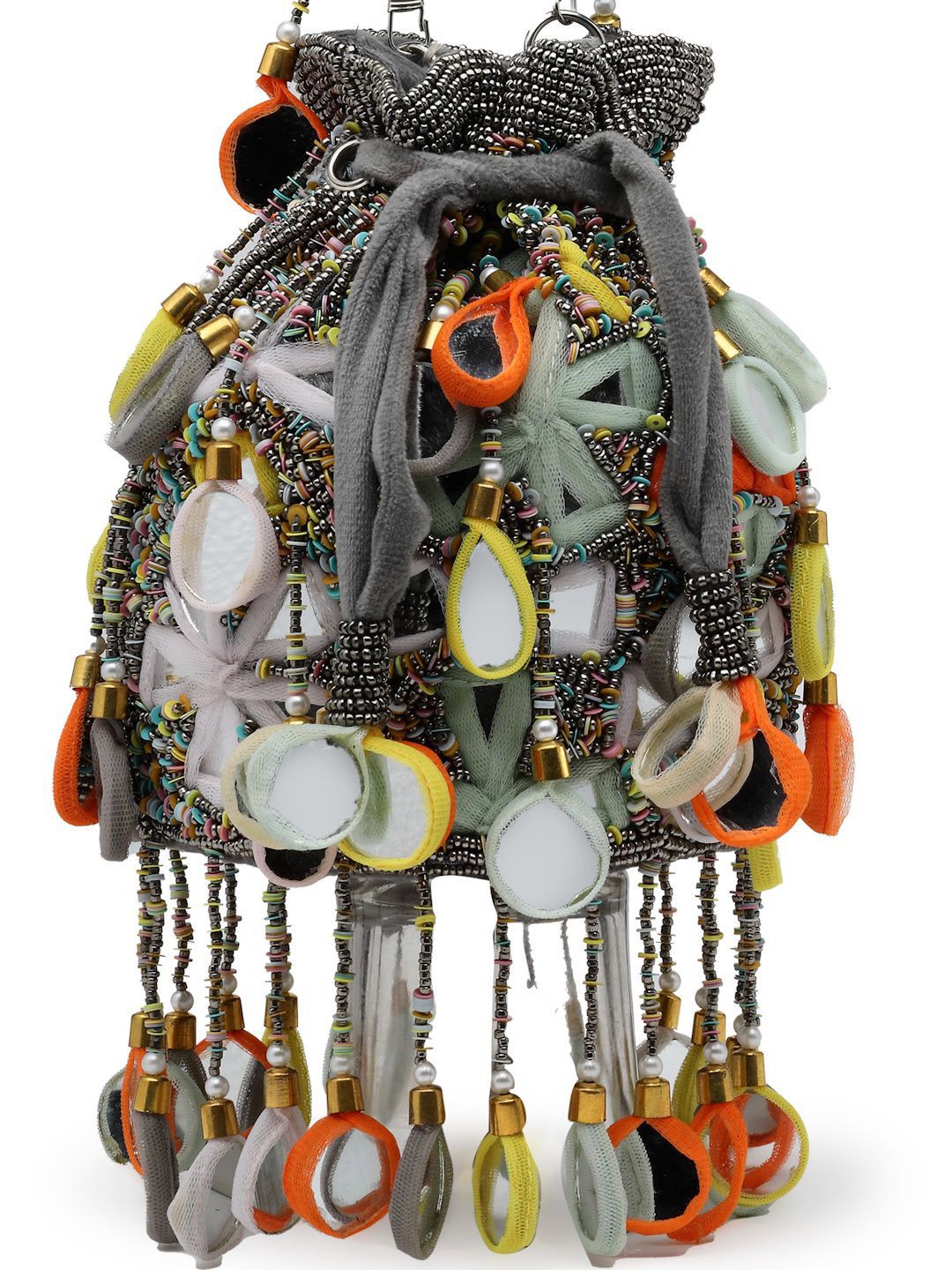 Dhiyona NR Tipify Grey & Multi Mirror Work Embellished Fabric Potli