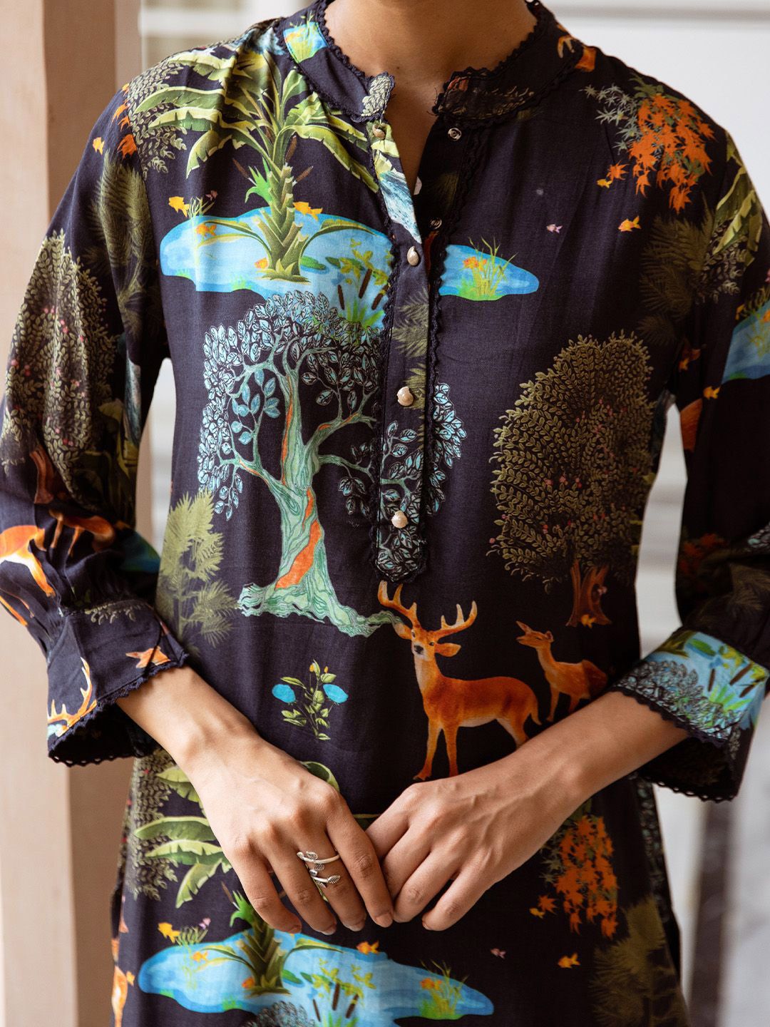 Dhiyona IS Women's Floral Printed Round Neck Three Quarter Sleeves Straight Kurta With Palazzos