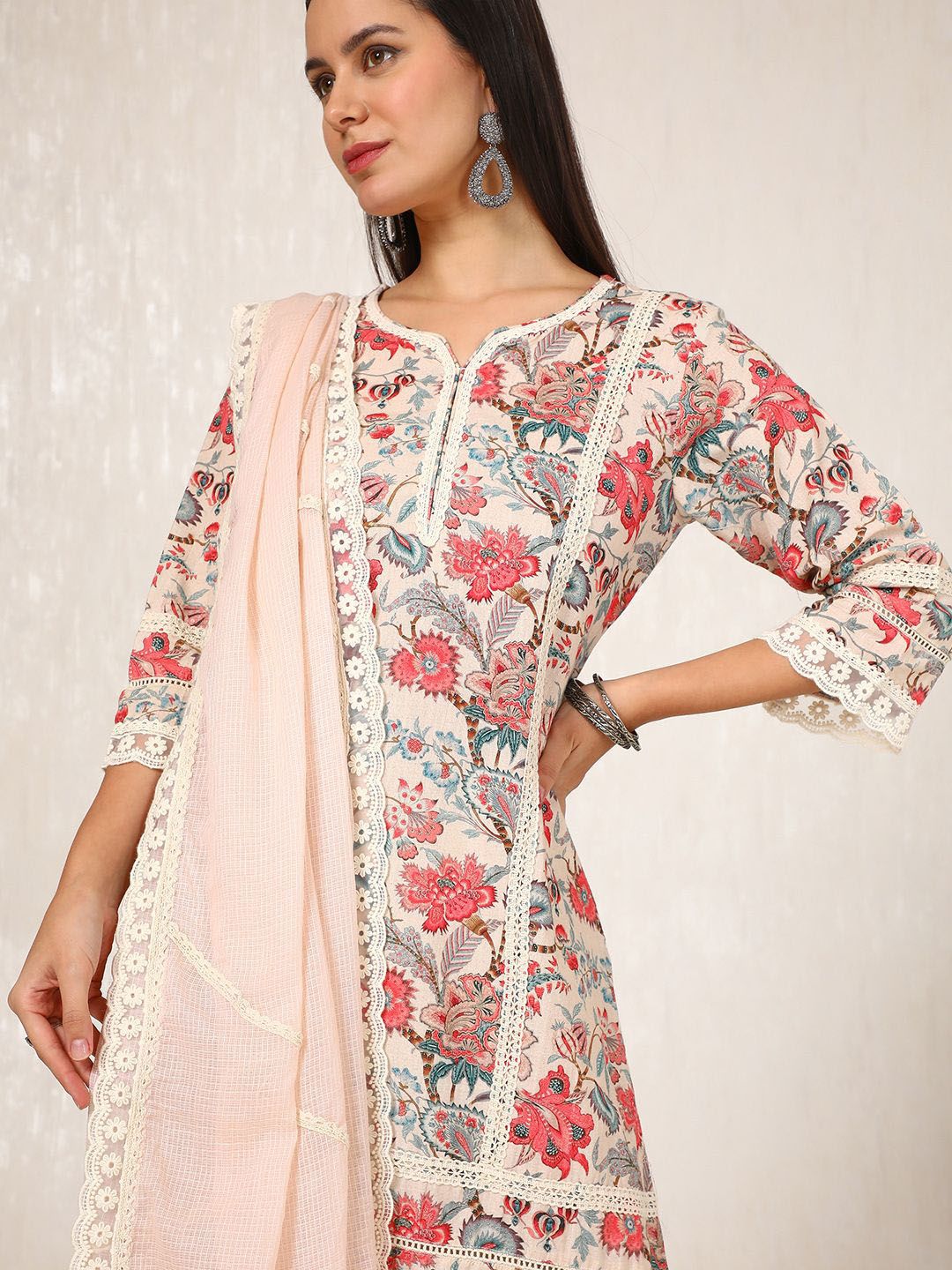 Dhiyona SO Women's Floral Printed Gotta Patti Linen Straight Kurti with Palazzos & Dupatta