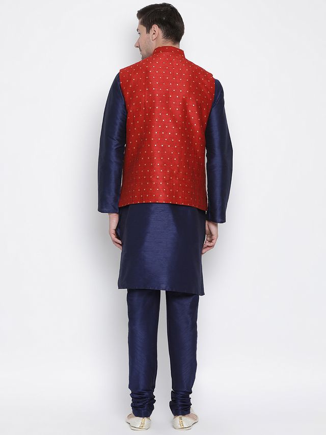 Men's Dark Blue Silk Blend Straight Jacket Kurta and Pyjama Set