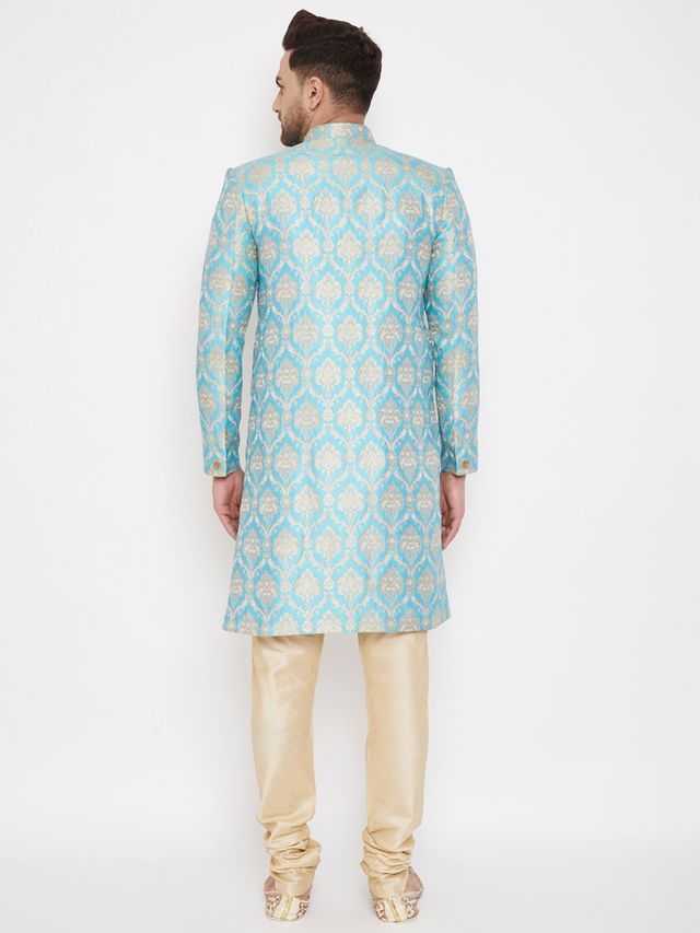 Men's Aqua Silk Blend Straight Sherwani Set