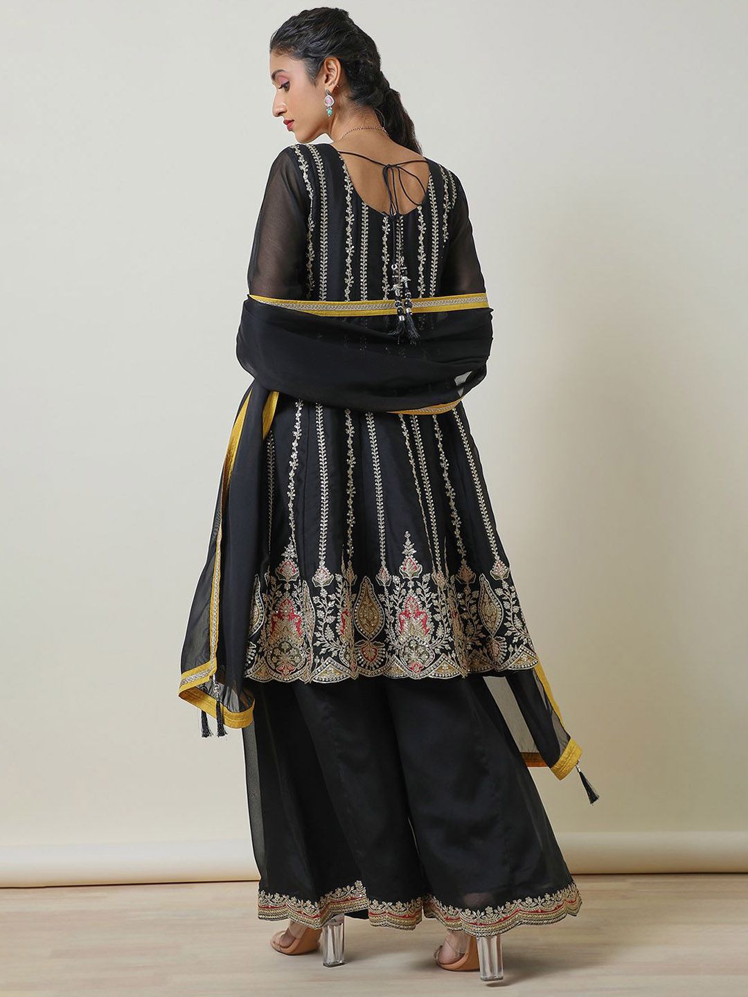 Dhiyona SO Women's Embroidered Sequinned Notch Neck Anarkali Kurta with Palazzos & Dupatta