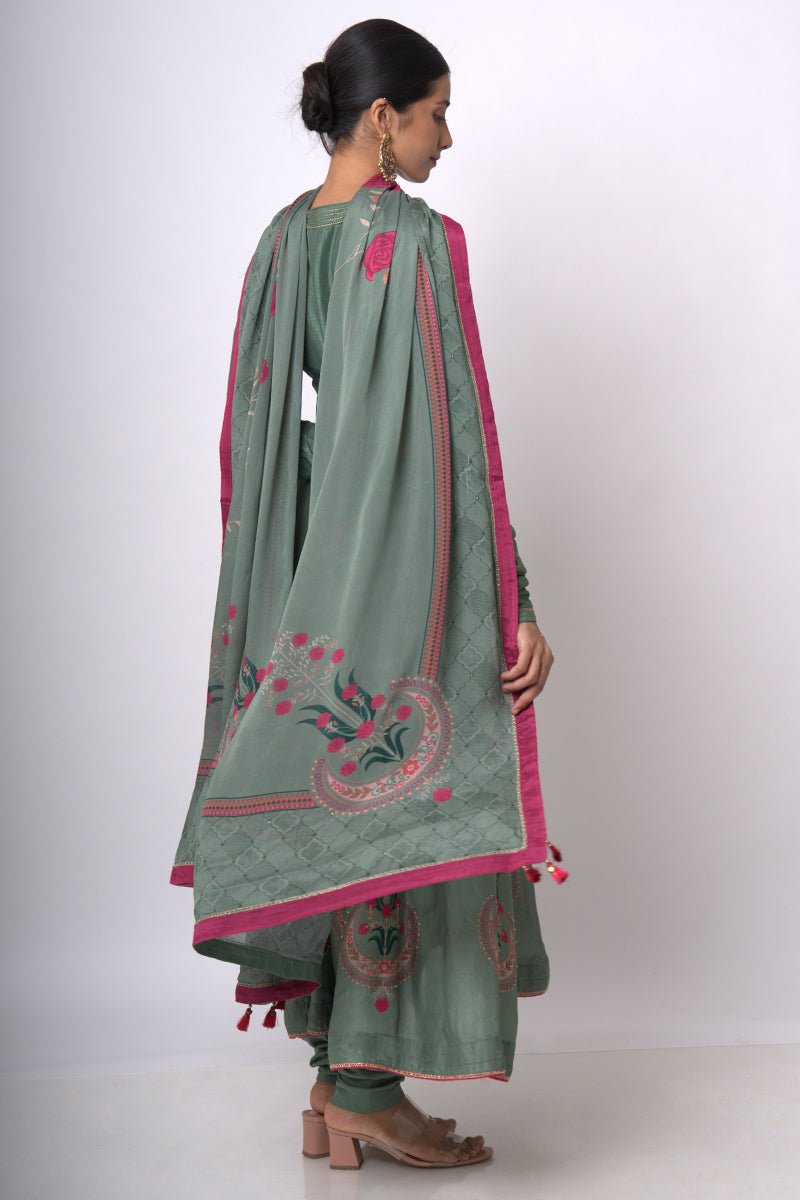 Women's Aspen Green Raw Silk Anarkali Salwar Suit
