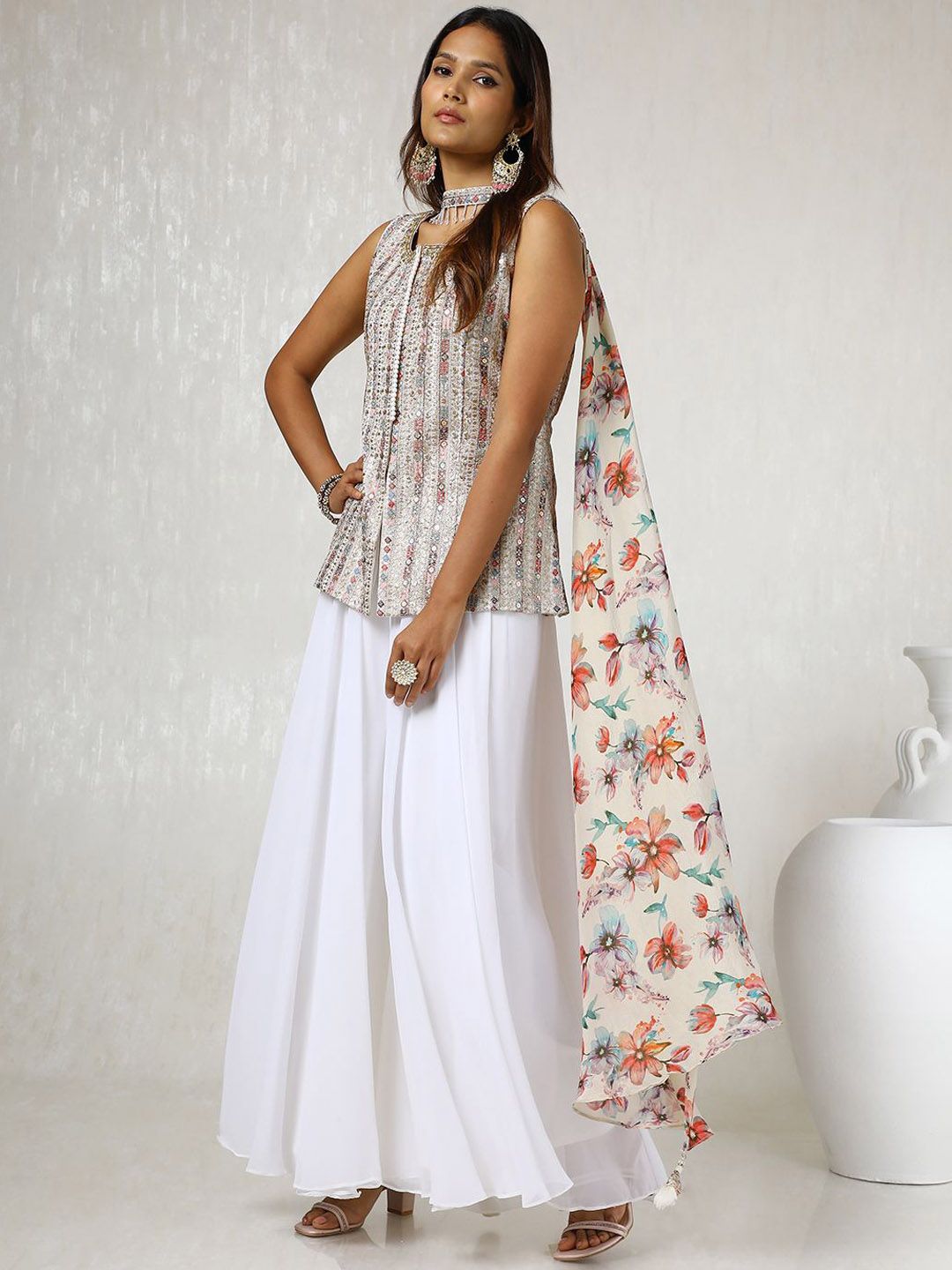 Dhiyona SO Women's Alina Cut Ethnic Motifs Embroidered Sequinned Straight Kurti with Palazzos & Dupatta